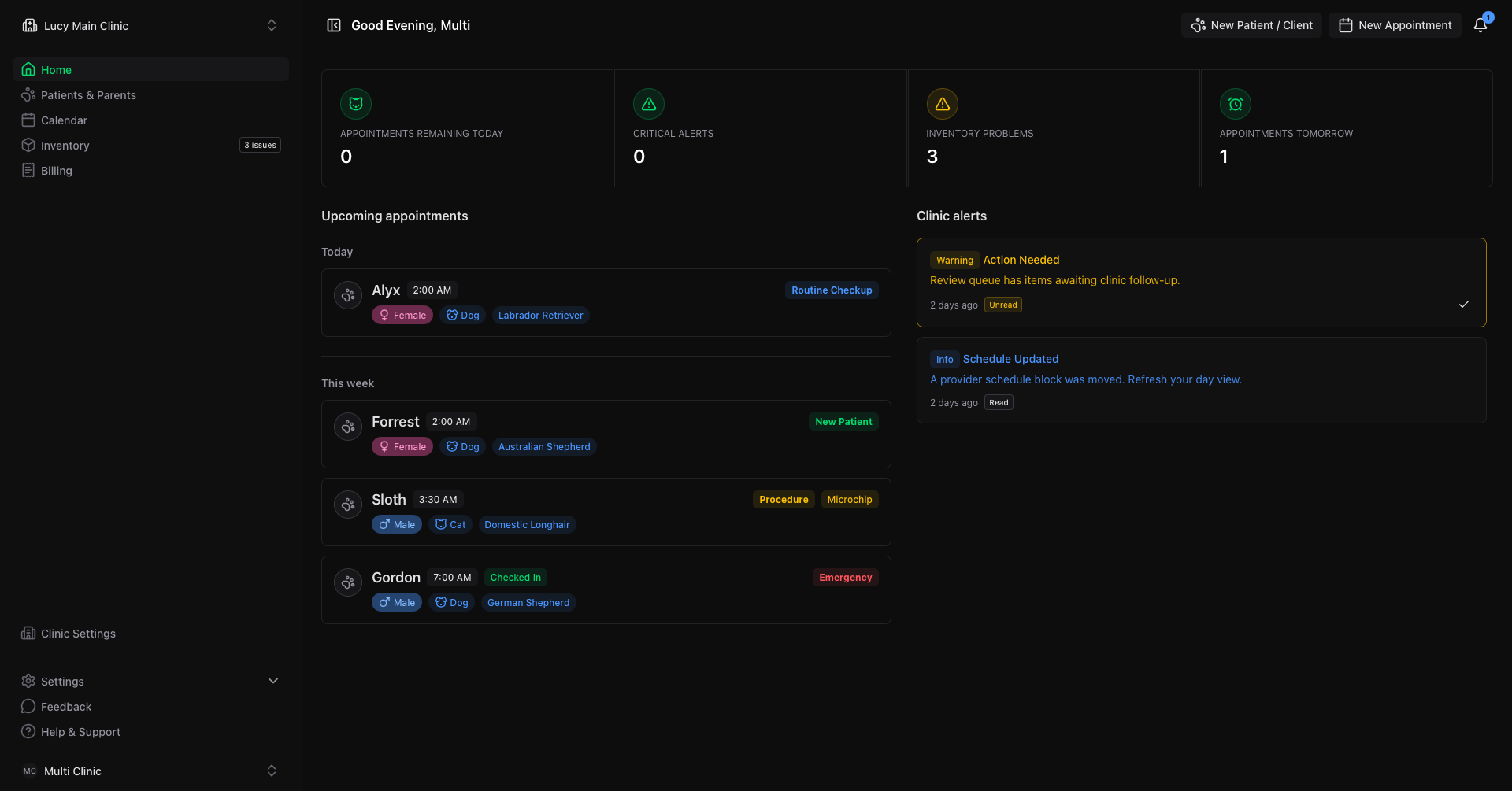 Lucy VPMS dashboard with upcoming appointments and clinic alerts