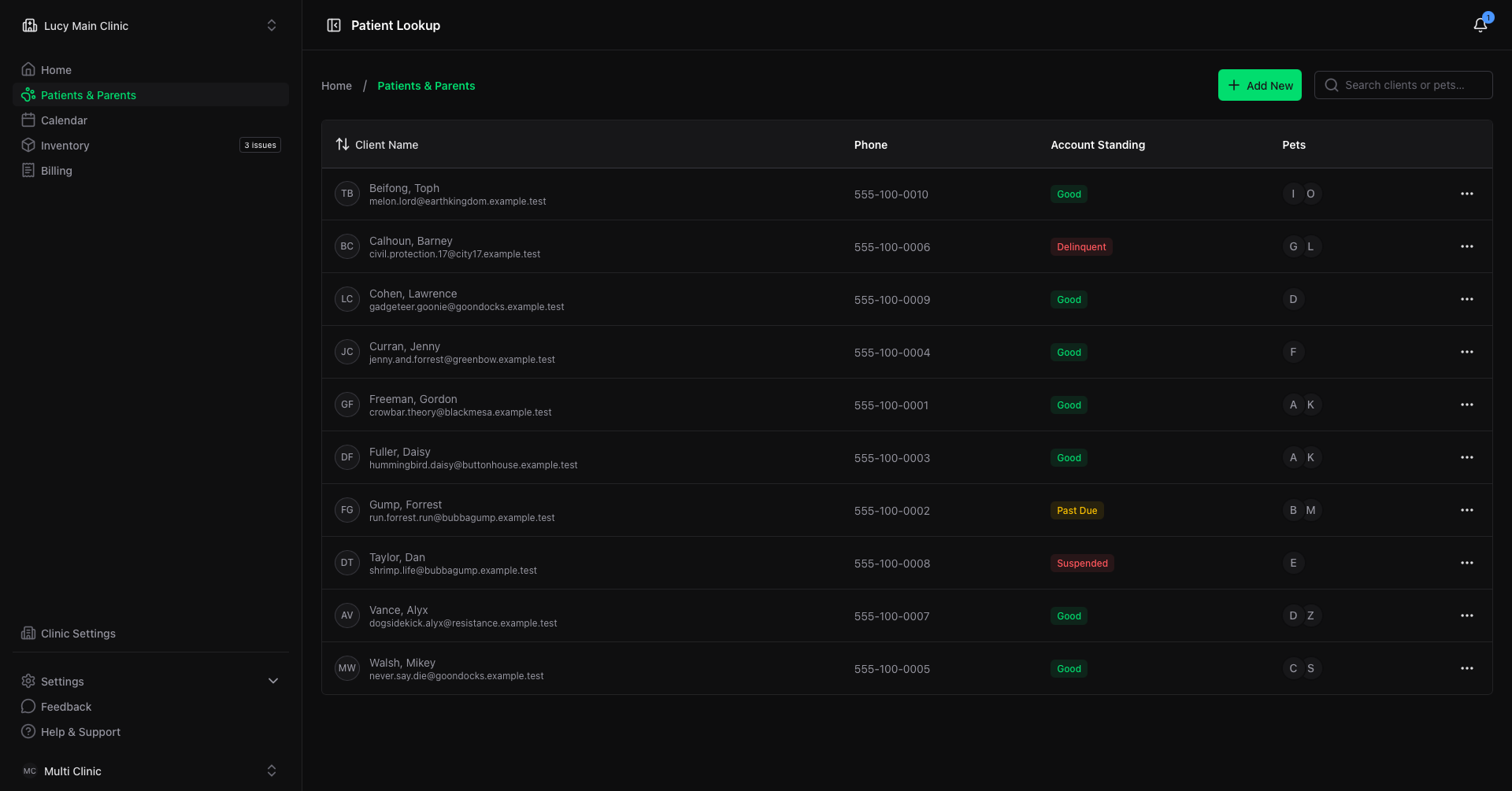 Lucy VPMS clients list route showing a searchable, paginated table of clients